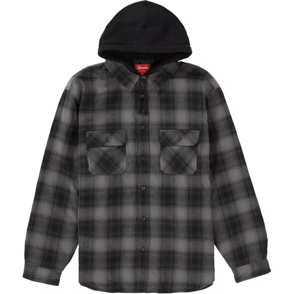 Supreme Hooded Flannel Zip Up Shirt Black and Gray Plaid with Hoodie - Picture 3 of 5